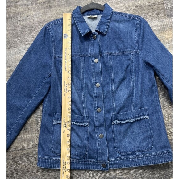 J Jill Denim Blue Jean Size Medium Fringe Trim Button 100% Cotton Shacket - Picture 8 of 12